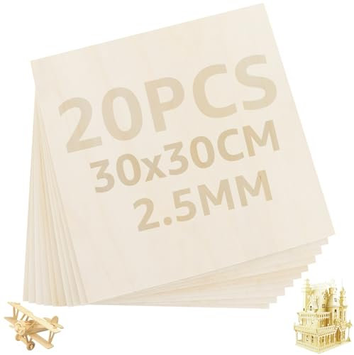 Oungy 20PCS Plywood Sheets, 300x300x2.5mm Balsa Wood Sheets Unfinished Wood Board, Square Basswood Sheets for Crafting DIY Painting Engraving Carving Model Making Projects