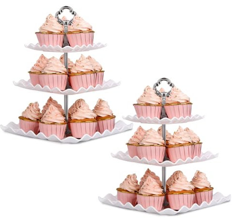 NWK Pack of 2 Large Square 3-Tier Cupcake Stand 30cm Height Plastic Cake Stand Food Round Display for Wedding Birthday Graduation Afternoon Tea Party