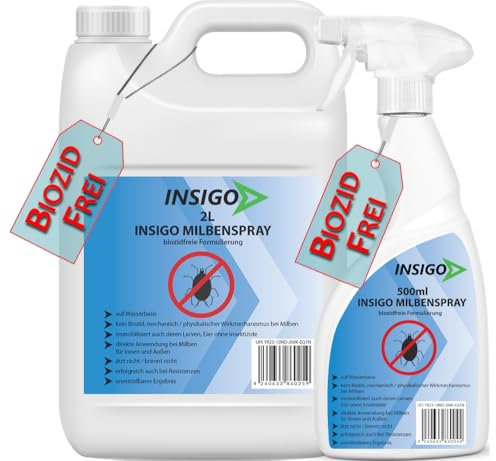 INSIGO Milben Spray 2L Kanister + 500ml Sprühflasche - Milbenmittel mit mechanischer Wirkung - Effektive Milben Abwehr für Haustaubmilben im Haus - Milben Spray mit Sofortwirkung