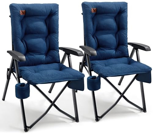 EVER ADVANCED Campingstol, vikbar ryggjusterbar i 4 lägen upp till 150 kg, fällstol, 6 cm tjock, vadderad med sidoficka, dryckeshållare, trädgårdsstol, högt ryggstöd, fiskestol för camping, trädgård