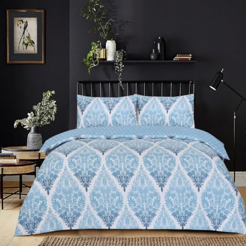PRIME LINENS Duvet Cover Set 4 Pcs Brushed Microfibre Quilt Cover Bedding Set With Pillow Cases and Extra Fitted Sheet Included (Leaf Blue, Super King)