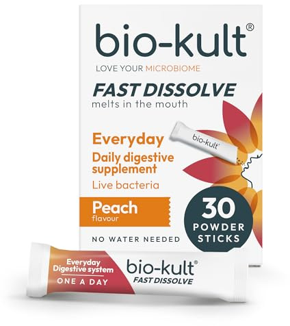 Bio-Kult Everyday Fast Dissolve Powder – 2 Billion CFU + Vitamins C & D | 3 Clinically Researched Strains for Daily Gut & Digestive Support | Peach Flavour | Fast-Melting, No Water Needed | 30 Sachets