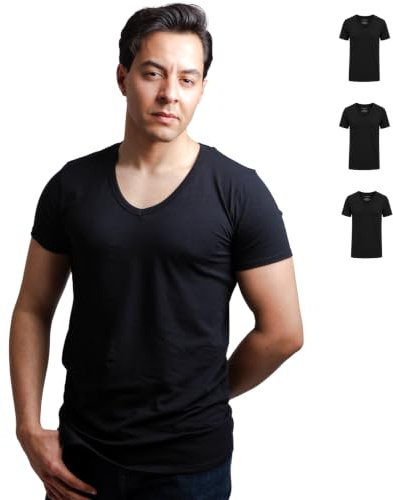 SKIPPER Lot de 3 T-Shirts Homme Col V Profond Noir – Coton Stretch Premium, Coupe Ajustée – Invisible sous Chemise – L