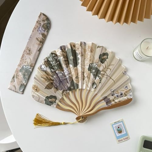 WUZIA Retro Hand Fold Fan Wood Silk Flower Folding Fan for Adornment Woman Man Dance Props Wedding Living Room Cabinet Decor(gold-with fan sleeve)