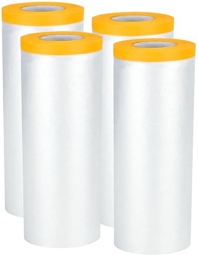 4Pcs Plastic Dust Sheet Rolls - 2.4m x 20m Extra Large Dust Sheets with Self-Adhesive Tape, Masking Film Cover Surface Rolls for Floor Protection, Painting Decorating Covering, Wall Cabinets Sofa Car