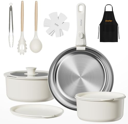 EvoFar juego de ollas de acero inoxidable, juego de sartenes de 14 piezas, cerámica juego de cocina con mangos desmontables, sartén 24 cm, olla 18/20 cm, juego de ollas apilable para todo tipo de