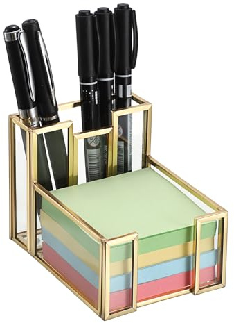 BTSKY Golden Glass 3x3 Inch Sticky Note Holder with Pen Slot, Elegant Post It Note Dispenser with Non-Slip Pads Clear Notepad Holder for Desk Organization Planning, Home Office Decor