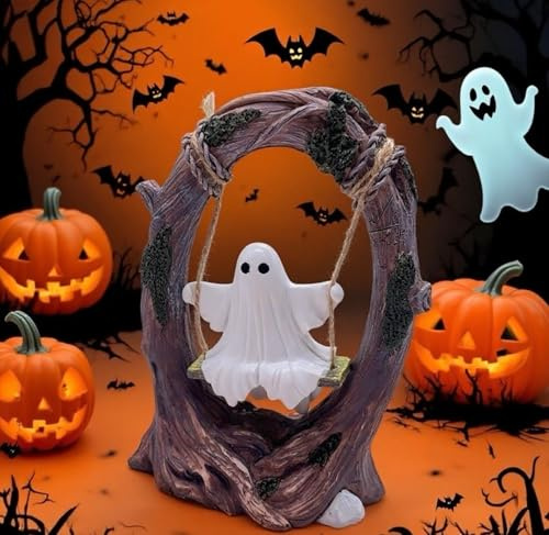 Aiwdeyi Ghost On A Tree Swing, Swinging Shadows, Funny Ghost Tree Swing Decor, Cute Spooky Halloween Decor, Swing Ghost Home Decoration，for Desktop Bookshelf Garden Patio Lawn Halloween