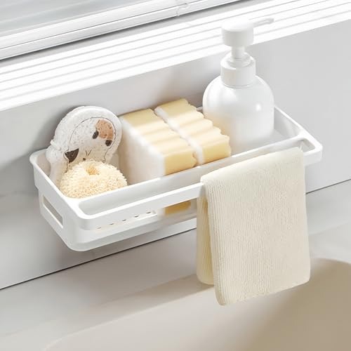 Torytoe Organizador para fregadero colgante sin taladrar, soporte para esponjas de plástico para fregadero con soporte para paños de cocina, blanco