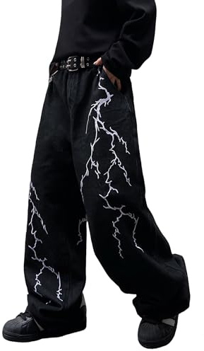 Zewool Jeans da uomo con ricamo baggy Hip Hop Y2K a forma di gamba larga skater pantaloni denim streetwear, A40 Nero, XL