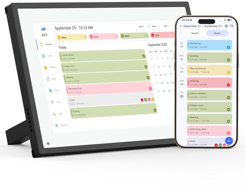 Pianificatore digitale familiare Smart Frame da 10,1, con sincronizzazione app, calendario da tavolo intuitivo (1280 x 800), doppio Wi-Fi (2,4/5 GHz), cornice fotografica elettronica e pianificatore