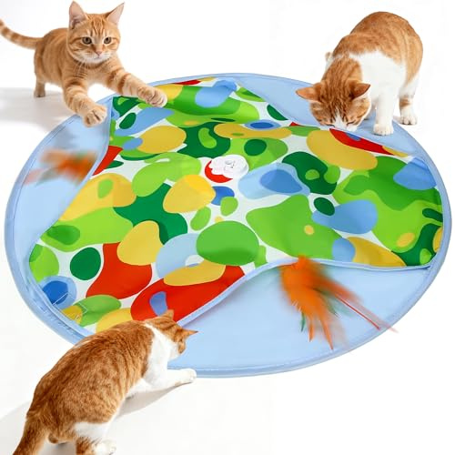 PUHOHUN Interactive Cat Toys for Indoor Cats Adult Kitten, Automatic Hide and Seek Kitten Toy with Moving Feather & Mouse, Rechargeable 3 Speeds Smart Touch Activated Cat Gifts Toys (Colorful)