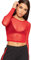 WearAll Womens Sheer Mesh Crop Top Ladies Long Sleeve Crew Neck Plain Stretch New - Red - 12-14
