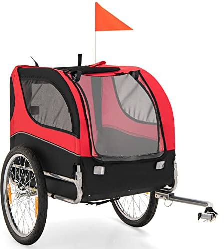 PETSITE Dog Bike Trailer, Dog Cart for Bicycle with 3 Breathable Mesh Entrances, Easy Folding Pet Carrier with Quick Release Wheels, Pet Bike Trailer for Small & Medium Sized Dogs (Red)