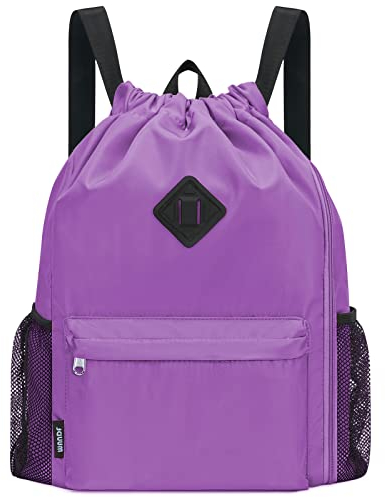 WANDF Rucksack mit Kordelzug, Sporttasche mit Schuhfach, wasserabweisender String-Rucksack Cinch für Damen und Herren (Groß,Lila)