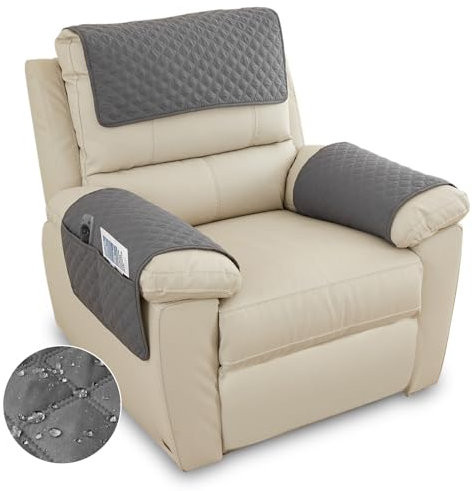 3Pcs Sofa Armrest Cover, Waterproof and Nonslip Armchair Covers for Arms Headrest, Sofa Slipcover with Side Pocket Abrasion Furniture Protector, Quilted Protector for Pets Leather Couch (Grey)