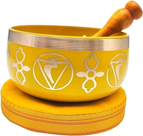 Soul Mantra Tibetisches Klangschalen-Set mit Klöppel und Klangschalenkissen in Lokta-Papier-Geschenkbox. Klangschale aus Tibet (Gelb)