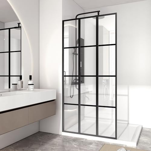 36 W x 73 H Shower Door, Shower Glass Panel for Open Walk-in Bathroom, Clear Tempered Glass Shower Screen,Matte Black Finish, No Need for Glue, 12 Grids