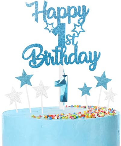 Set di candele per torta per 1° compleanno blu,1° Decorazioni di compleanno per ragazzi,Candele numero 1 per torta,blu stella torta con d'argento per decorazioni di festa per ragazze ragazzi