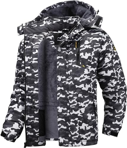 Tansozer Uomo Impermeabile Giacca Invernale Antivento caldo Sci Cappotto in Pile con Cappuccio Rimovibile (Nero Mimetico, L)