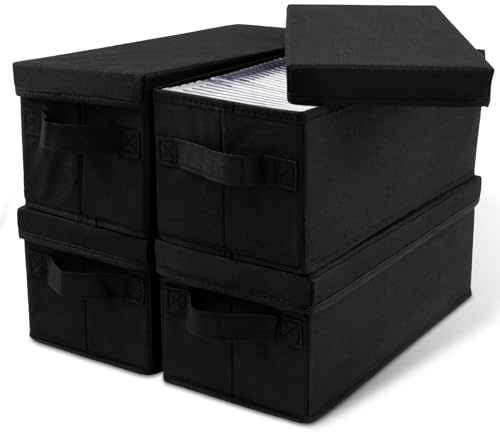 GUIJZSLTRG Lot de 4 boîtes de rangement en tissu non tissé avec couvercle anti-poussière dvd - Support pliable pour médias optiques - Grand sac de rangement pour CD et DVD