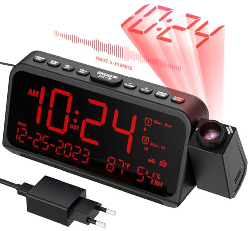 ROCAM Réveil Projecteur Plafond, Radio Reveil à Projection 180°, 5 Niveaux de Luminosité Réglables, 2 Alarmes avec Mode Week-End/Jour de Semaine, Snooze, Température, Veilleuse, Ports USB et Type-C