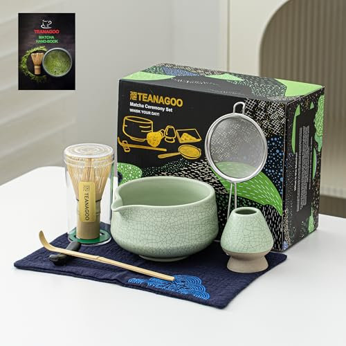 TEANAGOO Matcha Set, 7 Pcs, Matcha Tee Set für Zeremonie, Matcha-Teeset für Frühstück/Latte, grüne Matcha-Schüssel (Chawan) mit Ausguss und Schneebesen, Geschenk für Matcha-Liebhaber