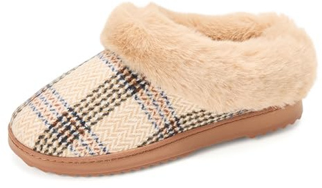 Dearfoams Women's Hannah Festive Knit Clog, Tan Plaid, 7-8