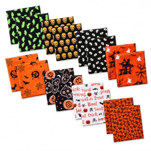 EXGOING 16PCS Halloween Cotton Fabric Squares 25x25cm for Sewing & Crafts | 8 coordinated spooky prints for quilting, patchwork, bunting, costumes, party décor and handmade seasonal gifts