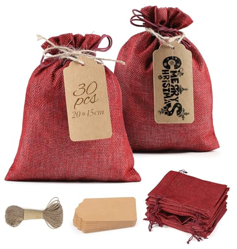 SWAWIS 30 Piezas 20X15cm Bolsas de Lino Rojo, Reutilizable Bolsas de Yute Pequeñas con Cordón, con 35 Etiquetas y 10m Rollo de Cáñamo, para Navidad Bodas Fiestas Regalos Joyas Dulces