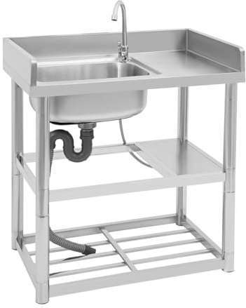 Lavello da cucina autoportante, 80 x 50 x 80 cm, in acciaio inox con rubinetto e piano di lavoro, 1 vasca, catering, lavabo portatile per esterni, interni, cucina, ristorante (L)