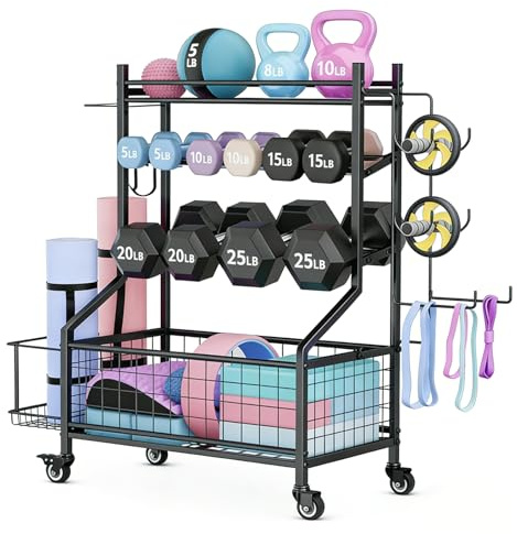 Support à Haltères 4 Étagères Réglable, Rangement Fitness Mobile avec Roulettes & Crochets pour Haltères Kettlebells Tapis Blocs Yoga, Grand Espace de Rangement Home Gym