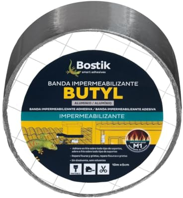 Bostik, Banda impermeabilizante Autoadhesiva para Impermeabilización de gran variedad de elementos, Cinta de Tecnología Butilo, Aluminio, Rollo de 5 cm x 10m (Espesor 0’6 mm)