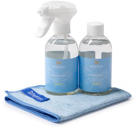 Jemako Glasreiniger ECO Plus 500 ml (2 Flaschen á 250 ml) inkl. Profituch klein (35 x 40 cm) , Schaumpumpe & Sinland feinmaschiges Wäschenetz