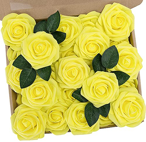 N&T NIETING Artificial Flowers Roses, 25pcs Real Touch Fake Foam Roses for Wedding Cake Bouquet Valentine's Day Mother's Day Wedding Party Baby Shower Home Decoration, Lemon Yellow