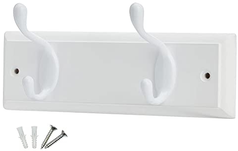 keypak 2-Hook Door Wall Mounted Coat Rack, 22.5cm - White Wooden Board, White Coat Hooks - Fixings Included