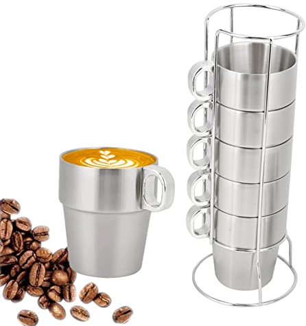 Taza de café aislada apilable de 10 oz con asa y soporte para tazas, 6 tazas de té de acero inoxidable para café expreso