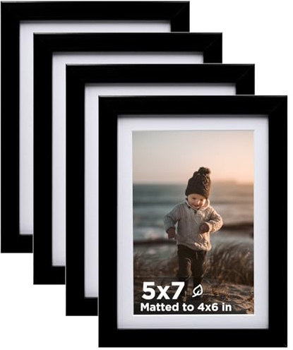 KINLINK 5x7 Picture Frame Black Set of 4, Wooden Photo Frames Matted 4x6 with Plexiglass for 4x6 with Mat or 5x7 without Mat for Table and Wall Display