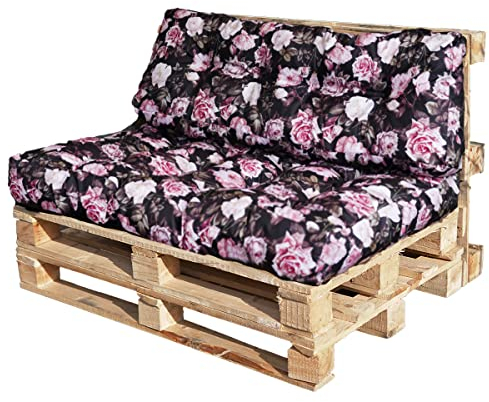 Bielik Palettenkissen 120 x 80 2-teiliges Set für Palettenmöbel| Wasserdicht Europaletten Polster Made in EU | Palettensofa gesteppt komplett Schwarz mit Rosen