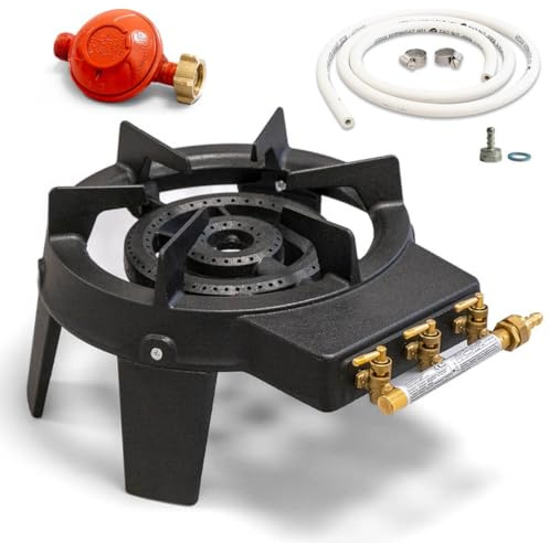 Proweltek Gaskocher aus echtem Gusseisen, 4 Füße, 2 Brenner, flexibler Gasschlauch, 1,50 m + Propan-Druckminderer