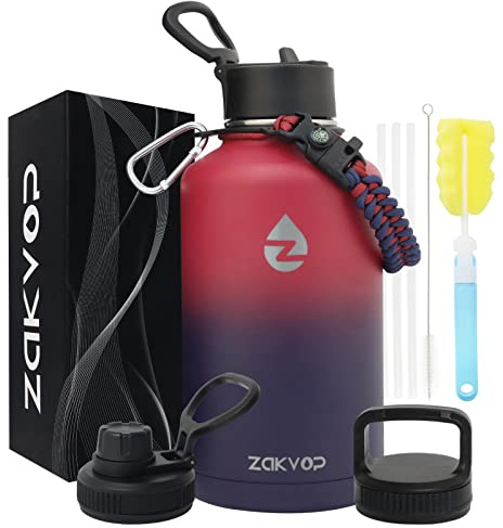 ZAKVOP Gourde Isotherme 2l,Bouteille Isotherme avec Pailles et 3 Couvercles | Acier Inoxydable Sans BPA Double Paroi avec Poignée en Paracorde,3 Bouchons et Brosses,Gourde 2L Isotherme pour Sport Voyage