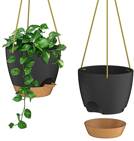 ZMTECH Pot à Plantes Suspendu Auto-arrosant de 20 cm avec Trous de Drainage et Soucoupe Pot à Fleurs en Plastique pour Plantes d'Intérieur et d'Extérieur (Noir, Lot de 2)