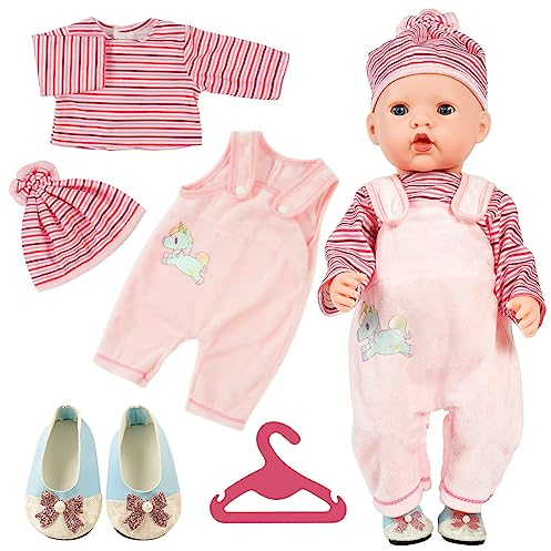 Aolso Kleidung Outfits für Baby Puppen, Puppenkleidung = Rosa Langarm+Hose+ Hut+1 Paar Schuhe+Kleiderbügel, Puppe Zubehör für Baby Puppen 35-45 cm