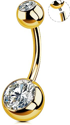 OUFER 14G Bauchnabelpiercing Titan Gold 14 mm Stablänge Innengewinde Piercing Bauchnabel Lang CZ Kugeln Titanium Belly Button Piercing Navel Bars Nabelring
