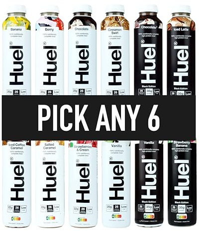HUEL Ready-to Drink - 500ml - Pick any 6 Bottles - Choose from 15+ Flavours - Banana, Berry, Chocolate, Cinnamon Swirl, Iced Coffee Caramel, Salted Caramel, Strawberries & Cream, Vanilla