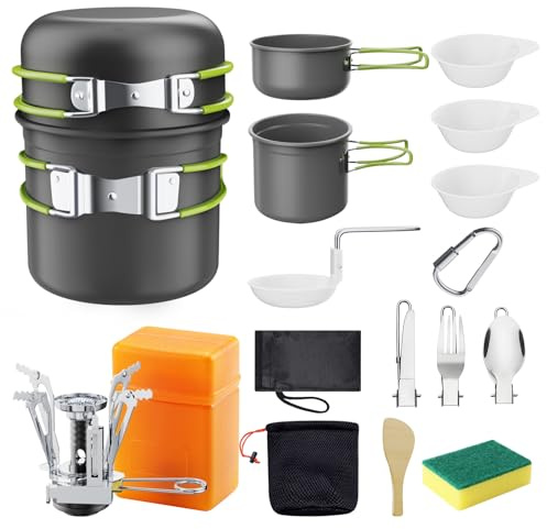 Aischens Kit di Pentole da Campeggio, Pentola e Padella da Campeggio in Alluminio, Posate Pieghevoli, Set di Pentole da Campeggio Portatili Utensili da Cucina Outdoor Camping Picnic Escursione BBQ