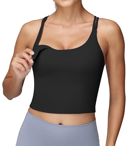 Foucome Nursing Tank Tops for Breastfeeding Longline Nursing Sports Bra Cross Back Workout Crop Top with Built in Bra Black, L