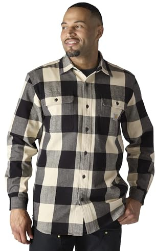 Carhartt Långärmad rutig skjorta för män, lös passform, tungvikt, flanell, herr, Havre mjölk, L