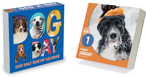 TF Publishing 2026 Dog A Day Daily Desktop Calendar - Home and Office Organization - Small Desk Calendar 2026 with over 300 Full-Color Tear-Off Pages and Standing Cardboard Easel - 5.25in x 5.25in