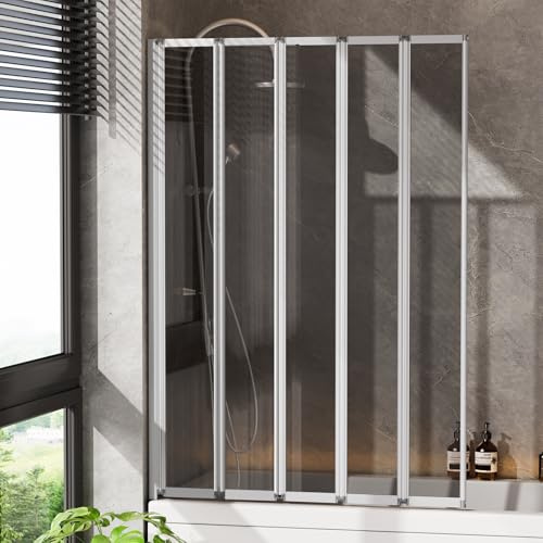 INMOZATA Shower Screen, 5 Panel Folding Bath Shower Screen, Over Bath Shower Screens Tempered Grey Glass Panel Shower Screens(1200 * 1400mm,Metallic Silver & grey)